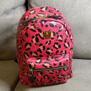 MCM Visetos Red and Pink Leopard Medium Backpack
